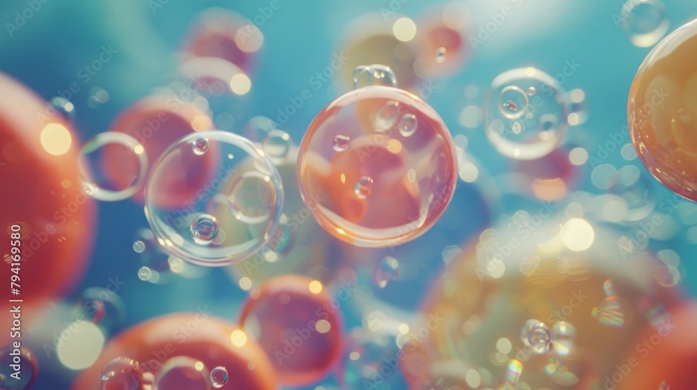 Floating bubbles of various sizes with a rainbow-like color gradient on a blue background.