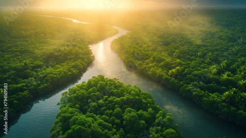 A river with a green forest on either side photo