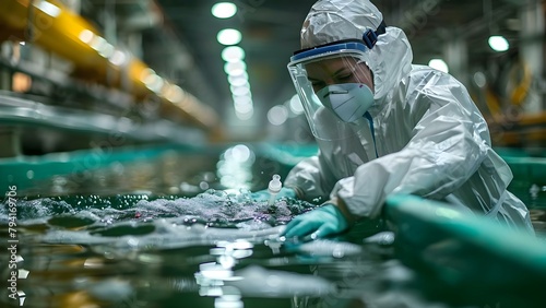 Scientist in protective gear tests wastewater for viral and bacterial contamination. Concept Wastewater Analysis, Contamination Testing, Scientist in Protective Gear, Viral Detection