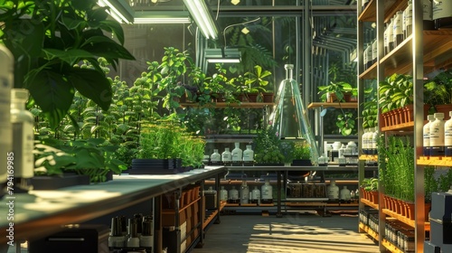 interior of a modern greenhouse with glass shelves and a variety of plants