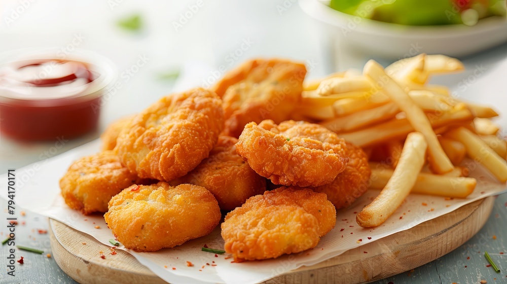 Crispy chicken nuggets and golden fries on a wooden board Crispy chicken nuggets and golden fries on a wooden board