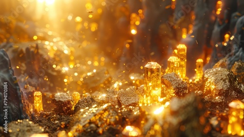 Mystical glowing crystal structures emerge among a shower of golden sparks, evoking a sense of magical discovery.