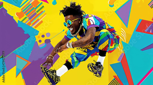 African American man with dreadlocks in a bright multi-colored tracksuit in retro 80s style