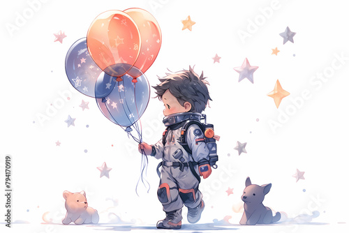 watercolor illustrations of a cute little boy wearing spacesuit explore in outer space. Cute kid cartoon character design.Kawaii concept. Universe. Stars. Planets