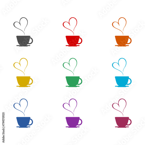 Coffee with heart icon isolated on white background. Set icons colorful