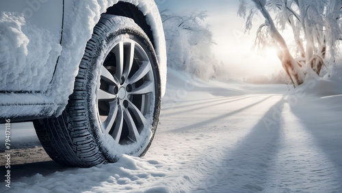 car tire encrusted with snow, showcasing its recent journey or the vehicle's impressive capability to traverse snowy conditions. photo