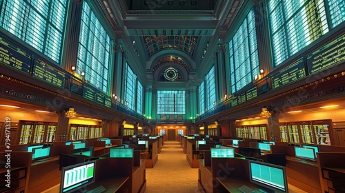 The interior of a large, opulent trading hall with a coffered ceiling. There are several traders at their desks, all wearing suits.