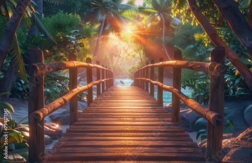 Wooden bridge leading to the beach, sunlight shining through trees, nature background, tropical island landscape photo