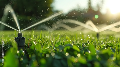 Lush green lawn with sprinkler watering system at sunrise