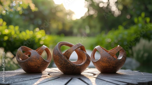 Three brown wooden sculptures on a table outside, with a blurred background of trees and sunlight.