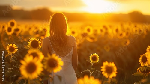 Serene sunset view with young woman standing in a sunflower field