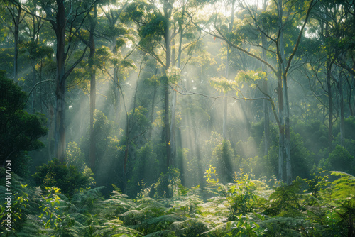 A forest scene where feathering techniques create soft, dappled light filtering through dense tree b