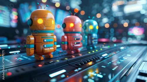 Three robots standing on a control panel in a futuristic setting