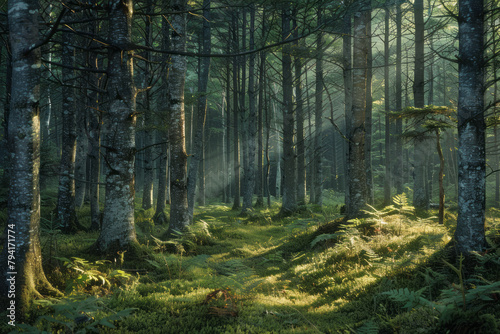 A forest scene where feathering techniques create soft  dappled light filtering through dense tree b