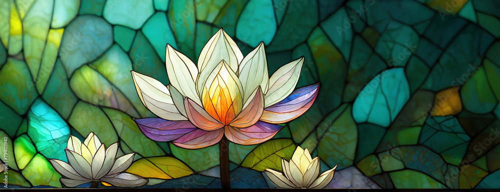 custom made wallpaper toronto digitalStained glass image showing blooming lotus flowers. Water lily blossoms are displayed with a play of light and color, evoking tranquility and beauty.
