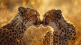 Two cheetahs showing affection as they touch noses, illuminated by the warm golden light of sunset.