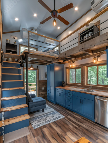 blue tiny house interior with kitchen, a loft with stairs, railings and a bed