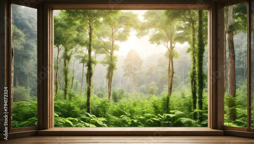Nature's Tranquil Escape: A Lush Forest Framed by a Window, Perfect for Eco-Tourism and Nature Retreats - Relaxation in the Photo Real World