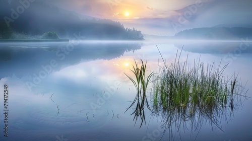 Serene sunrise over a misty mountain lake with reflective waters