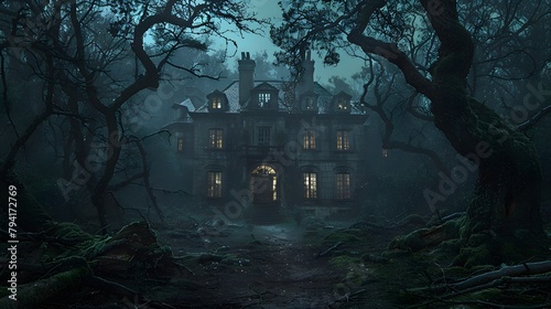 haunting allure of a forgotten haunted mansion, surrounded by twisted trees and enveloped in darkness, in high resolution cinematic photography.