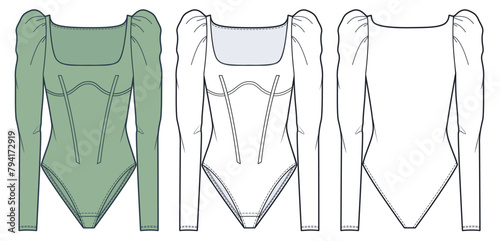 Bodysuit fashion flat technical drawing template. Long Sleeve Bodysuit technical fashion illustration, square neckline, puff sleeve, front and back view, white, green, women CAD mockup set. photo