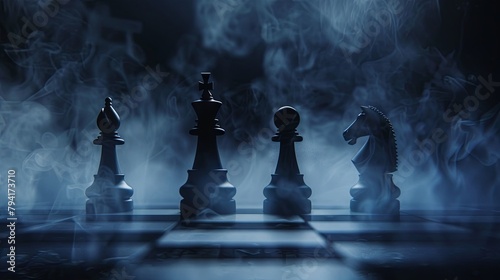 Mystical chess pieces shrouded in fog on a dark background
