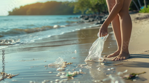 Person picking up plastic trash on a pristine beach, Environmental Conservation