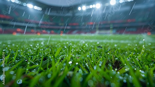 Glistening raindrops on vibrant green soccer field under stadium lights