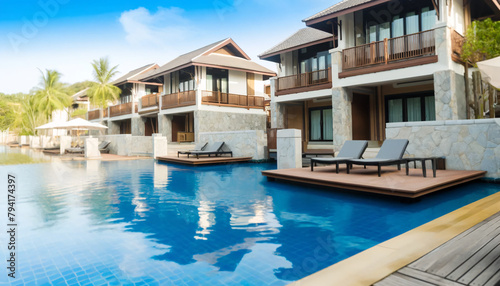 A resort with modern villas on the side of a serene blue swimming pool © Tanicsean