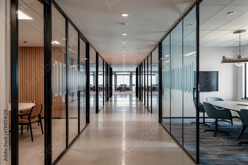 Sleek office corridor with glass partitions, meeting room, and polished concrete floor Professional and modern design