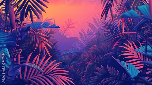 Tropical paradise sunset with vibrant foliage