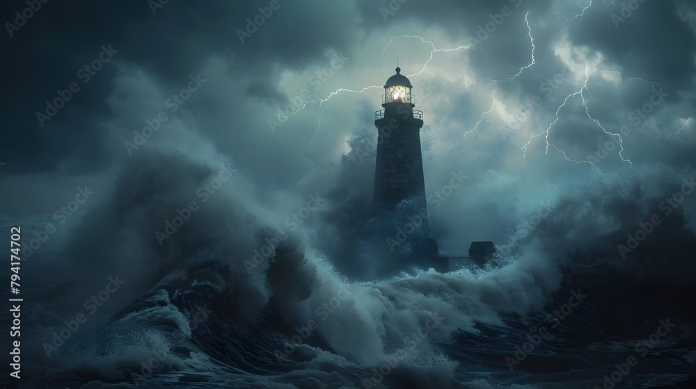 mysterious atmosphere of a haunted lighthouse, standing tall against crashing waves, in full ultra HD resolution.