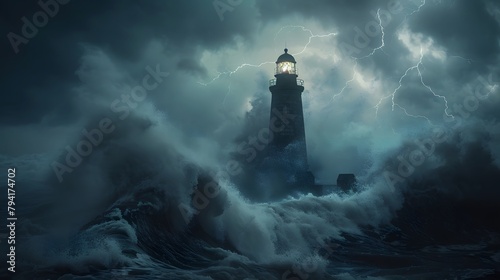 mysterious atmosphere of a haunted lighthouse, standing tall against crashing waves, in full ultra HD resolution.