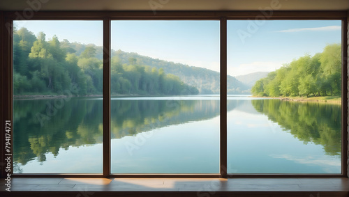 Serene Lake Reflection Captured Through a Window, Conveying Tranquility and Clarity - Relaxation Concept © Gohgah