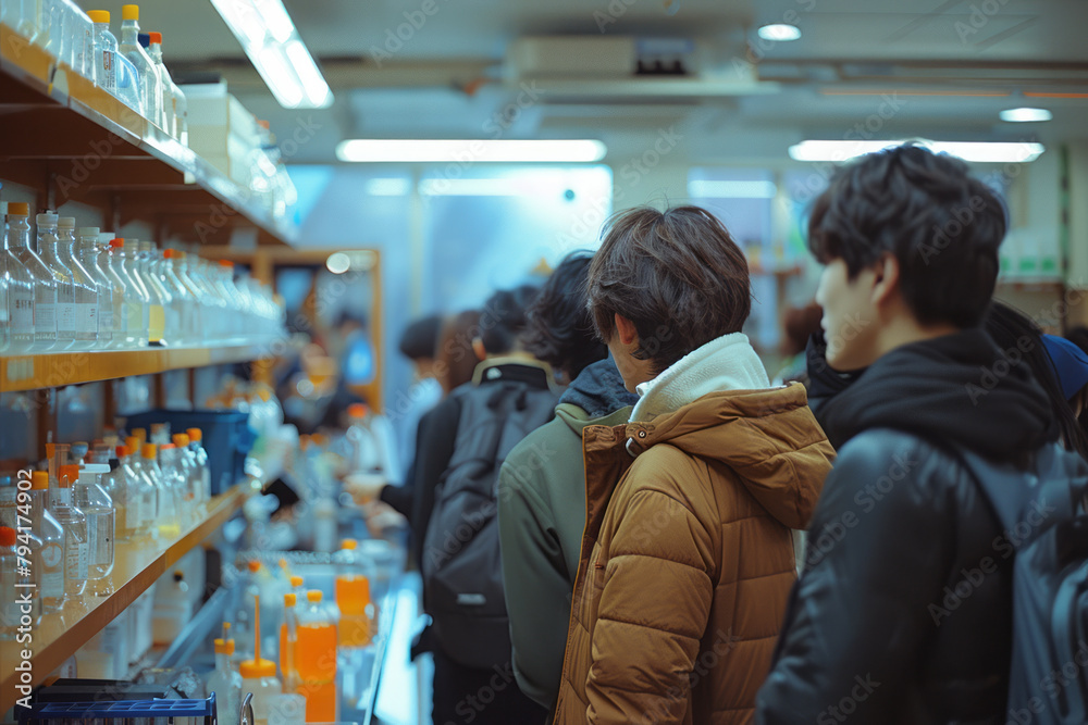 Fototapeta premium A photograph of a student laboratory where multiple groups of students perform different experiments