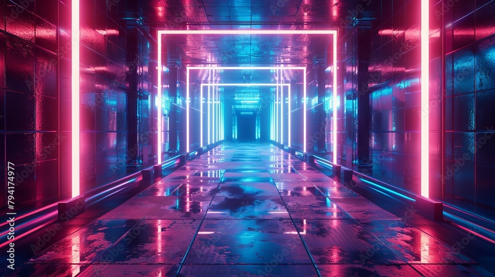 Futuristic neon corridor in a sci-fi setting
