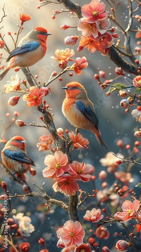 Spring Serenade: Birds Singing Happily on Blossoming Tree Branches