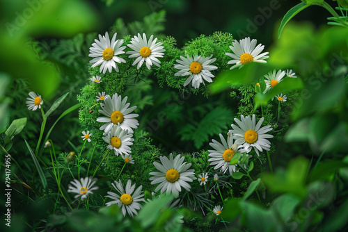 Meadow daisies and buttercups forming a heart amid greenery.