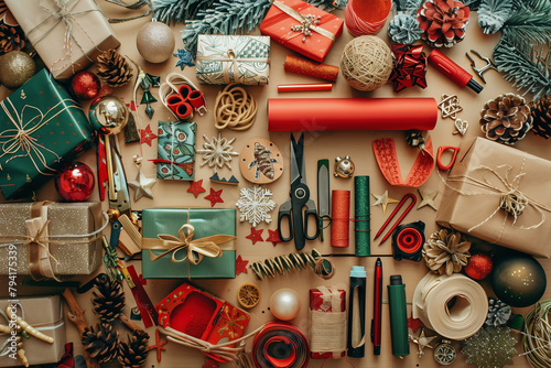 A table full of Christmas decorations including ribbons, scissors, and a variety of gifts. The table is covered in a mix of red and green items, creating a festive and joyful atmosphere