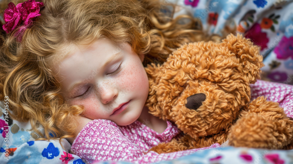 Cute little redhead girl sleeping with soft toy. Cute little redhead girl sleeping with soft toy.