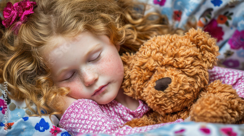 Cute little redhead girl sleeping with soft toy.