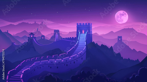 The Great Wall of China with simple background and purple and blue gradient color scheme. Flat illustration style. 