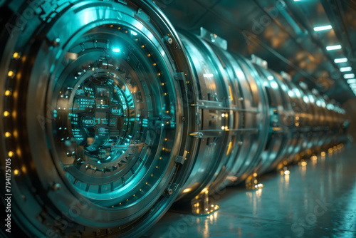 A photograph-style illustration of a high-tech bank vault, equipped with biometric scanners, safegua