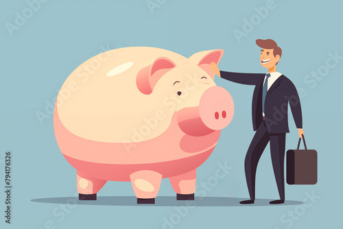 Business graphic vector modern style illustration of a business person with a piggy bank representing investing saving cash money funds frugal accounting end of year report statement finance photo