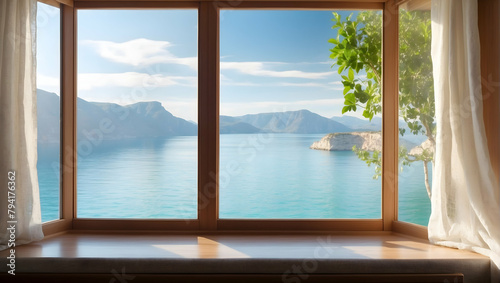 Tranquil Vista  A Serene Window View  Ideal for Promoting Peaceful Getaways in Travel Agencies  Relaxation Areas