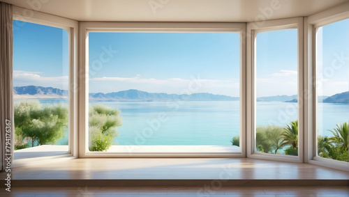 Tranquil Vista Through the Window  Perfect for Travel Agencies Promoting Peaceful Getaways