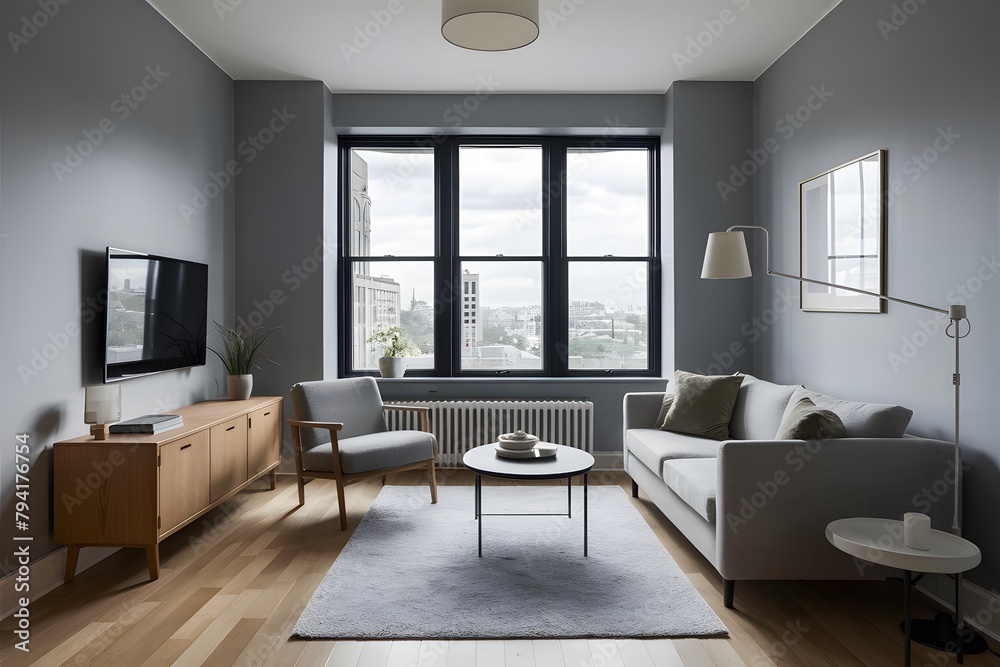 Fototapeta premium Minimalist living room with gray walls, chic furnishings, large window, city view, wooden cabinet, light wood floor