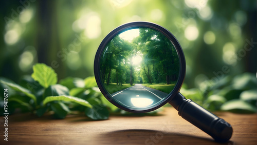 Spotlighting Sustainability: Magnifying Glass on Abstract Wallpaper Showcasing Realistic Achievements in Photo Stock Concept