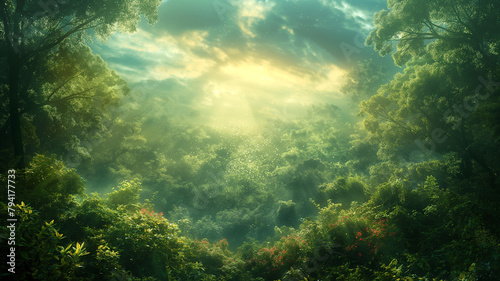 A lush green forest with a bright sun shining through the trees