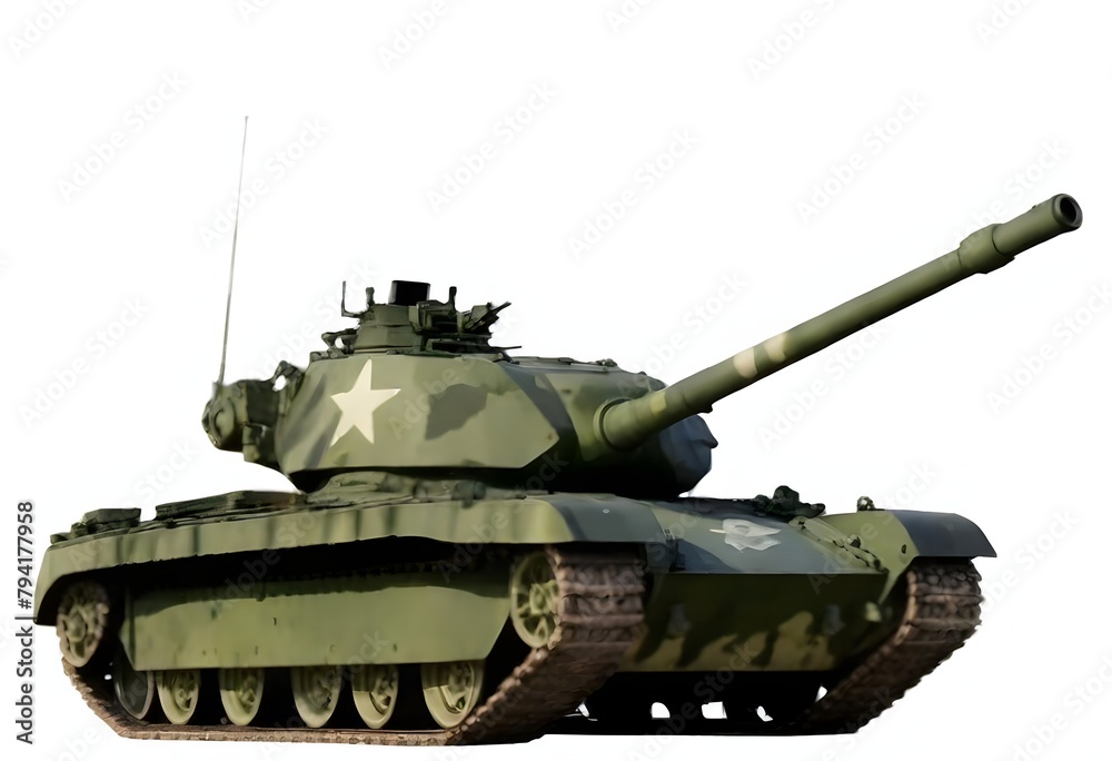 A green camouflage military tank with a large cannon barrel, parked on a grassy field